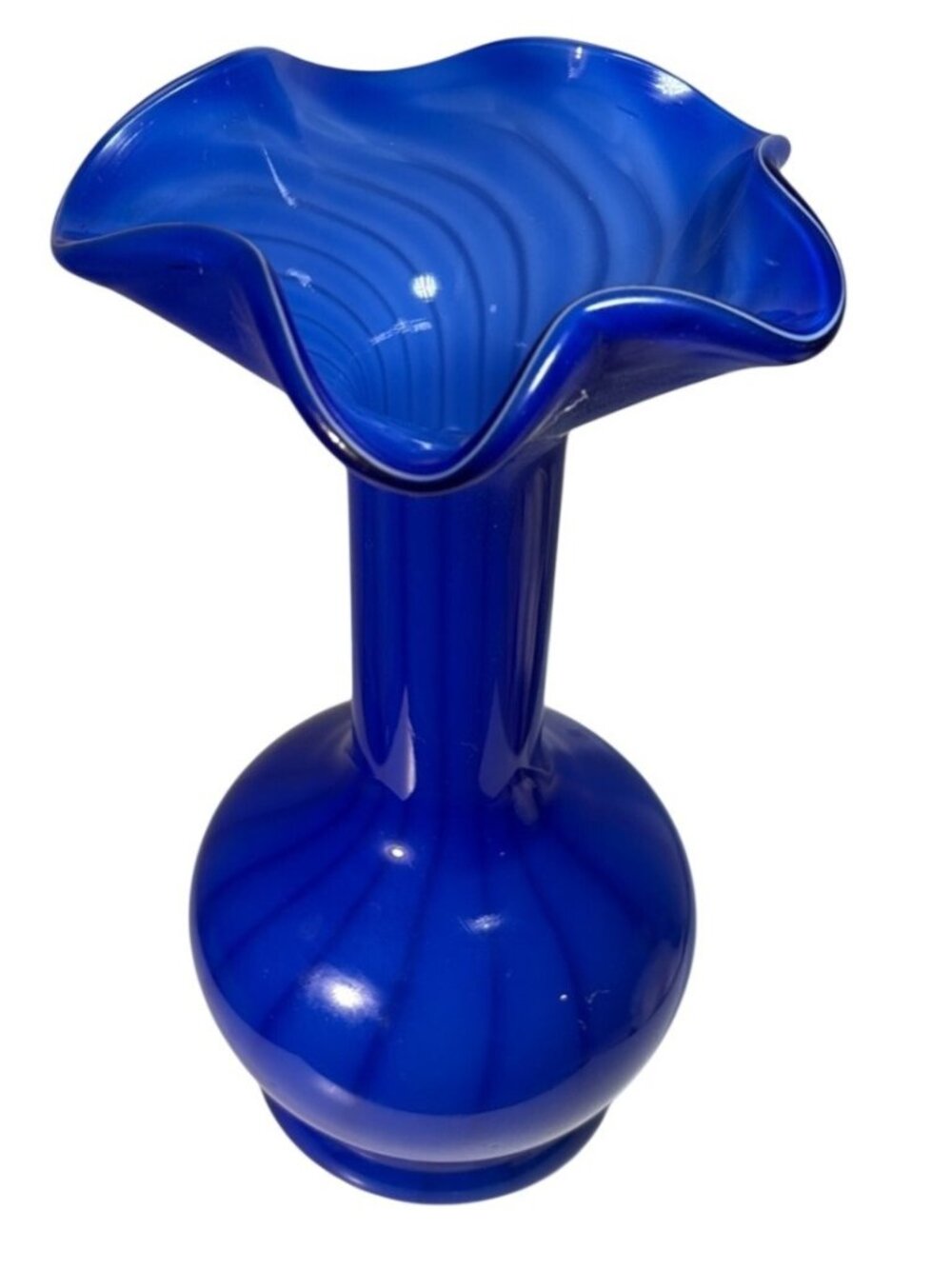 Vintage Cobalt Blue Swirl Vase Ruffled Art Glass 9" Tall Blown Glass Long Neck